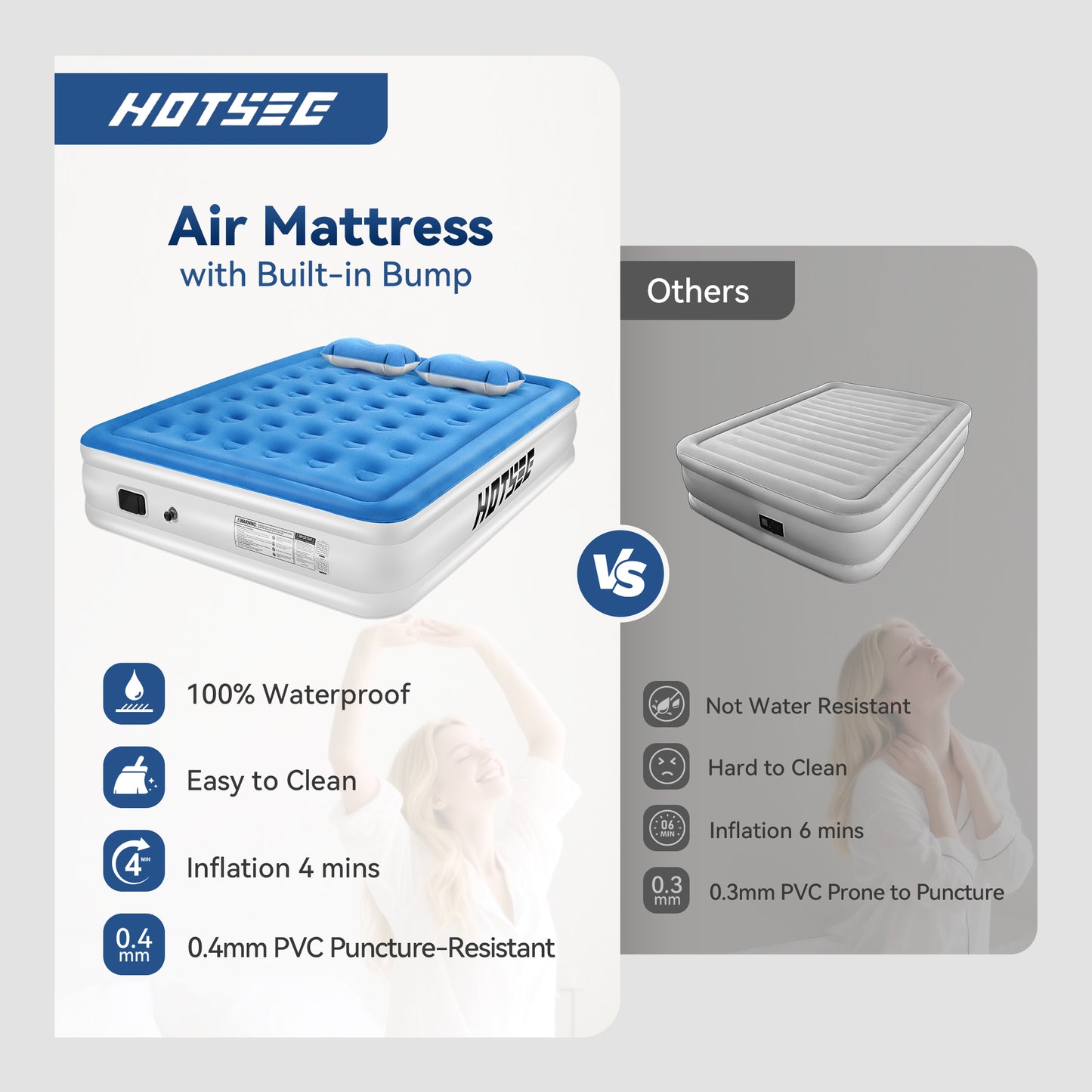 Hotsee Queen Air Mattress with Wireless Built-in Pump and Raised Pillow, Blue