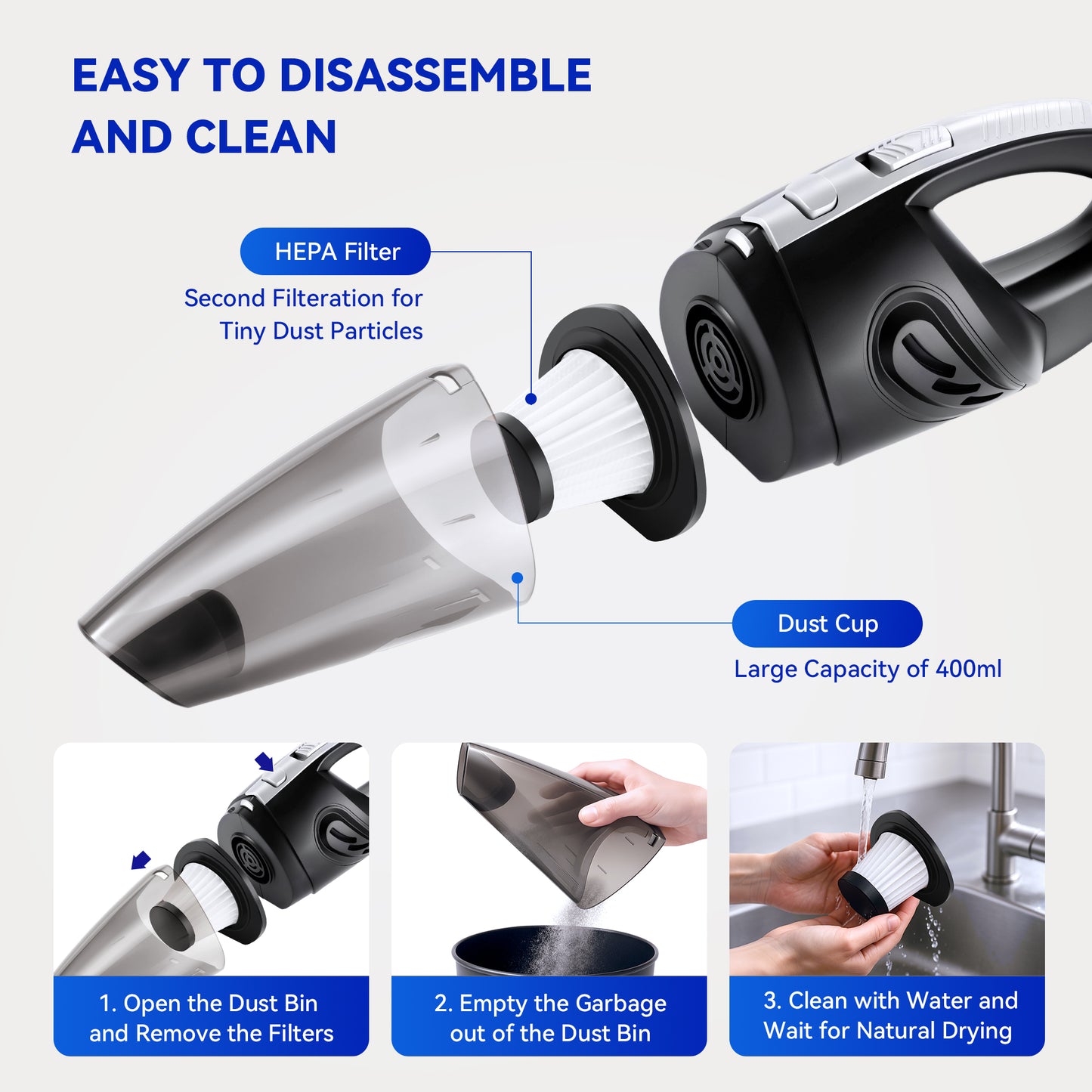 Hotsee Cordless Handheld Vacuum with 7KPA Strong Suction, Black