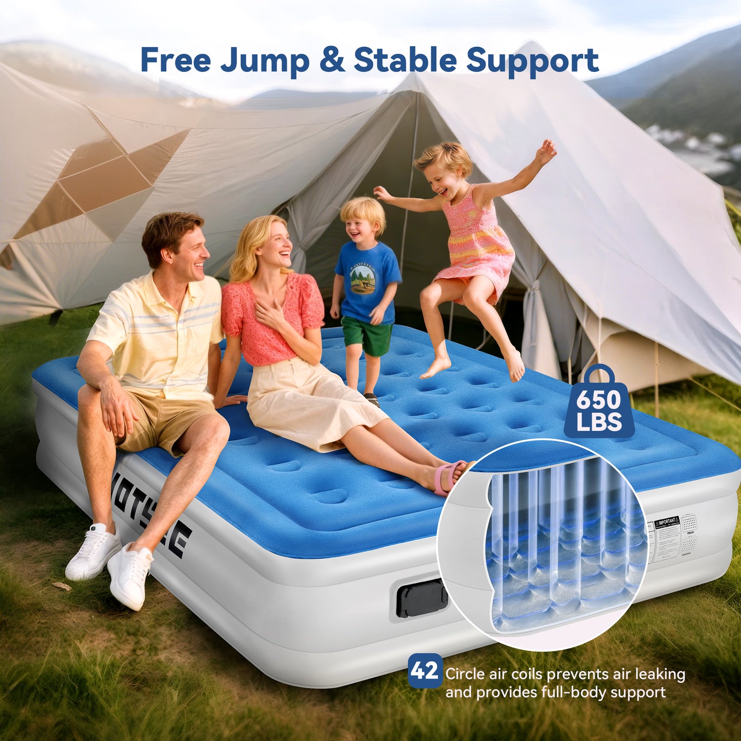 Hotsee Queen Air Mattress with Wireless Built-in Pump and Raised Pillow, Blue