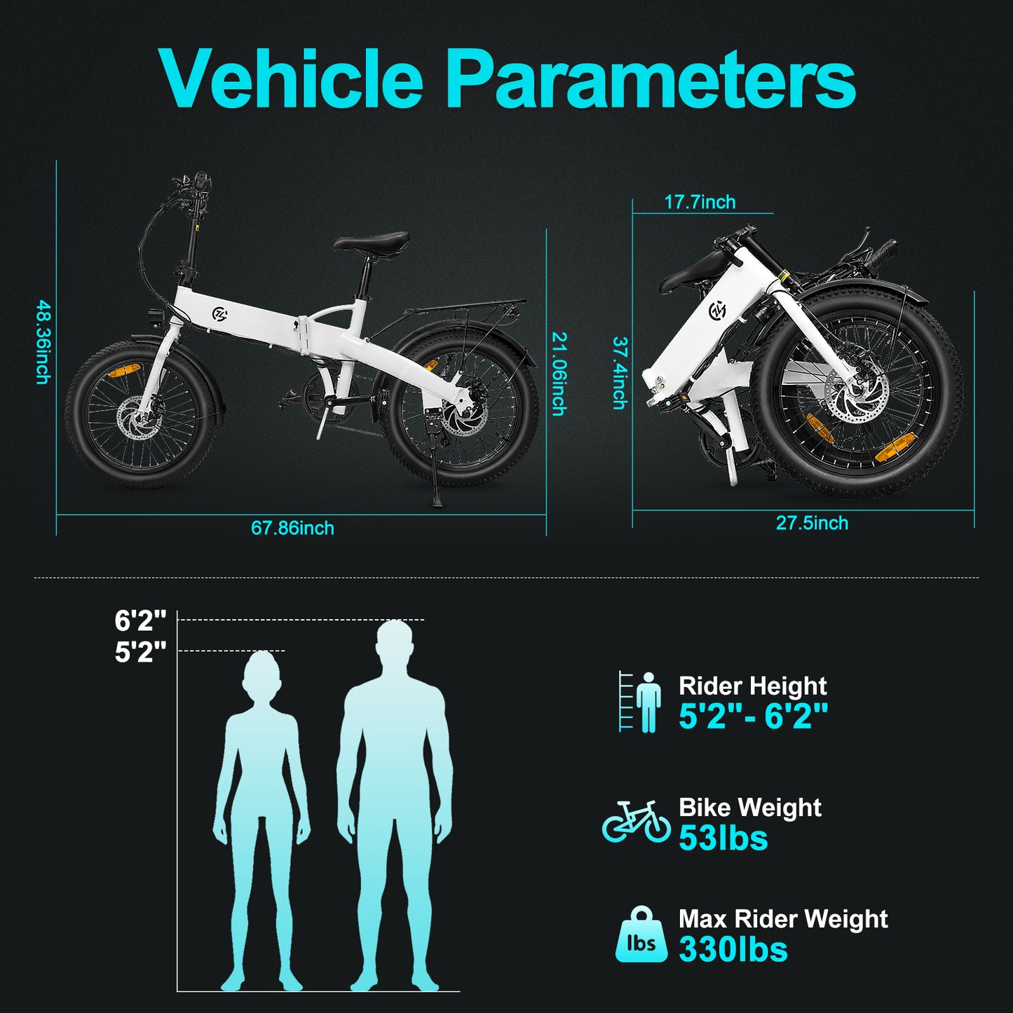 Folding Electric Bike for Adults, 500W Brushless Motor E-Bike, 7-Speed Gear, 20MPH to 50 Miles, 48V 10Ah Battery, 20"x3.0'' Fat Tires Ebike for Leisure Riding Commuting, White