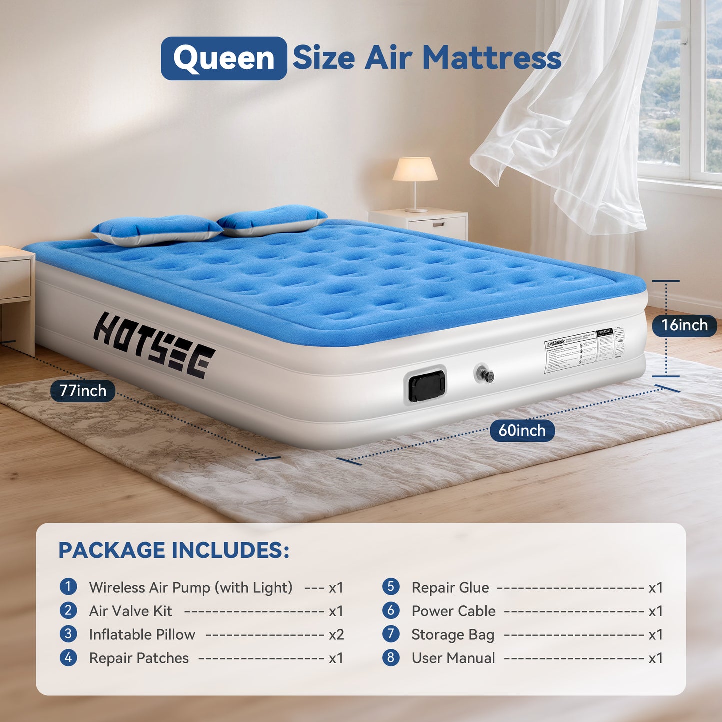 Hotsee Queen Air Mattress with Wireless Built-in Pump and Raised Pillow, Blue