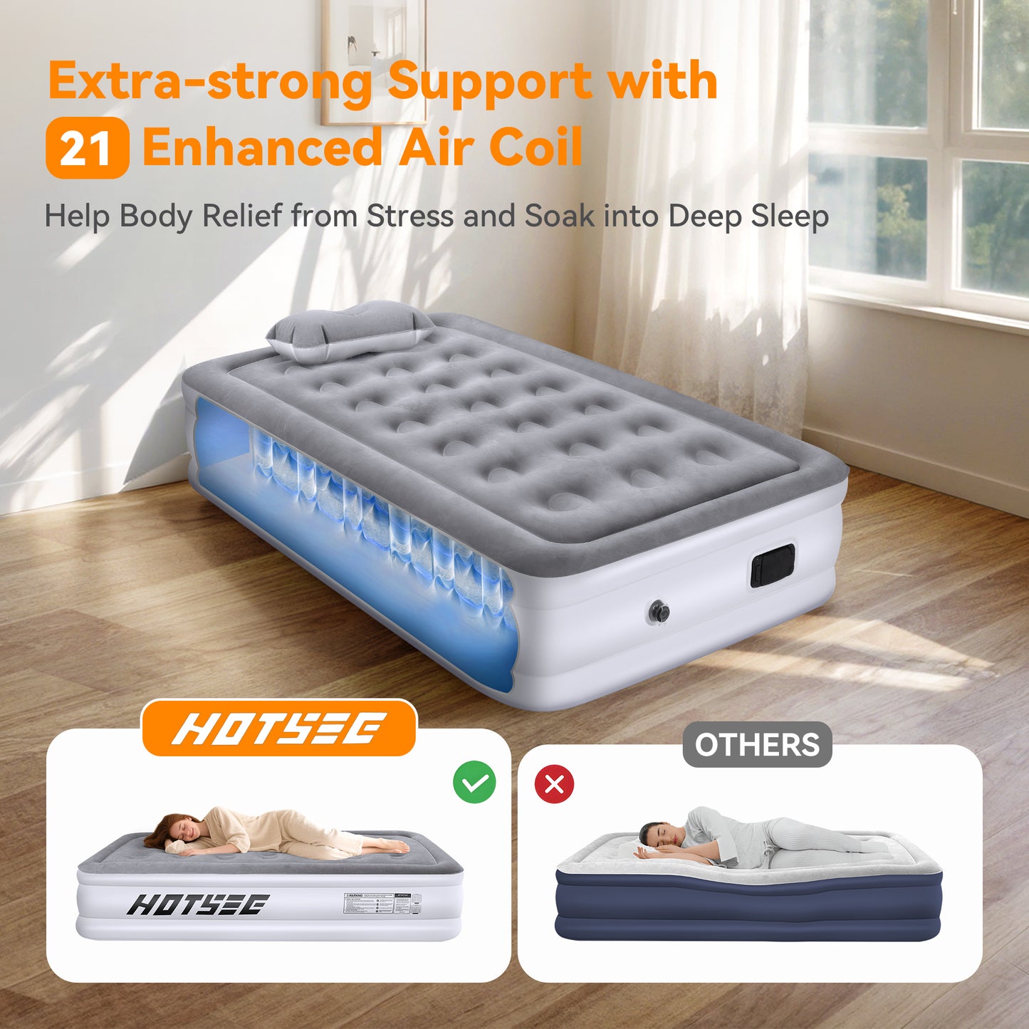 Hotsee Twin Size Air Mattress with Built-in Pump, 18" Raised Inflatable Bed with Pillow, Gray
