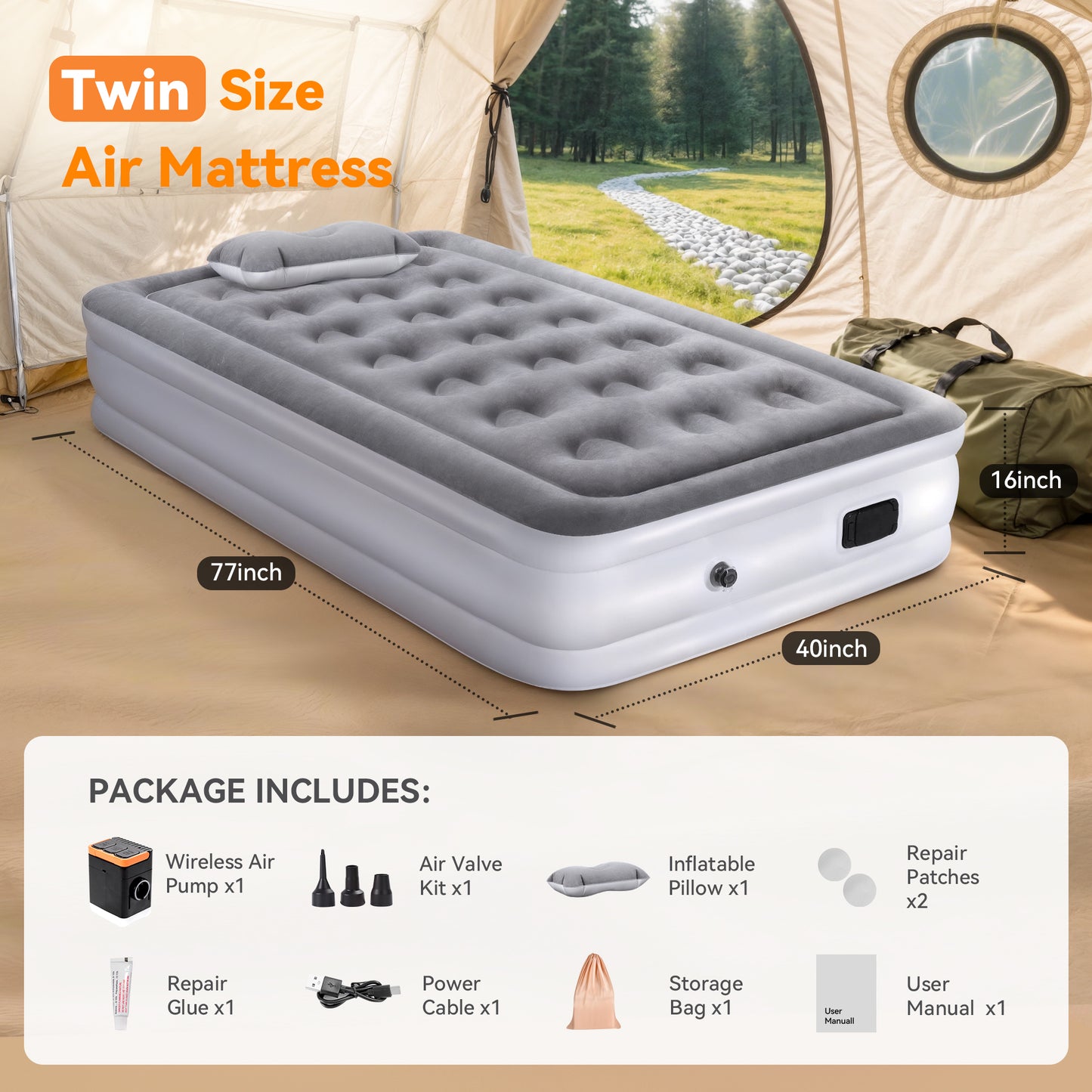 Hotsee Twin Size Air Mattress with Built-in Pump, 18" Raised Inflatable Bed with Pillow, Gray