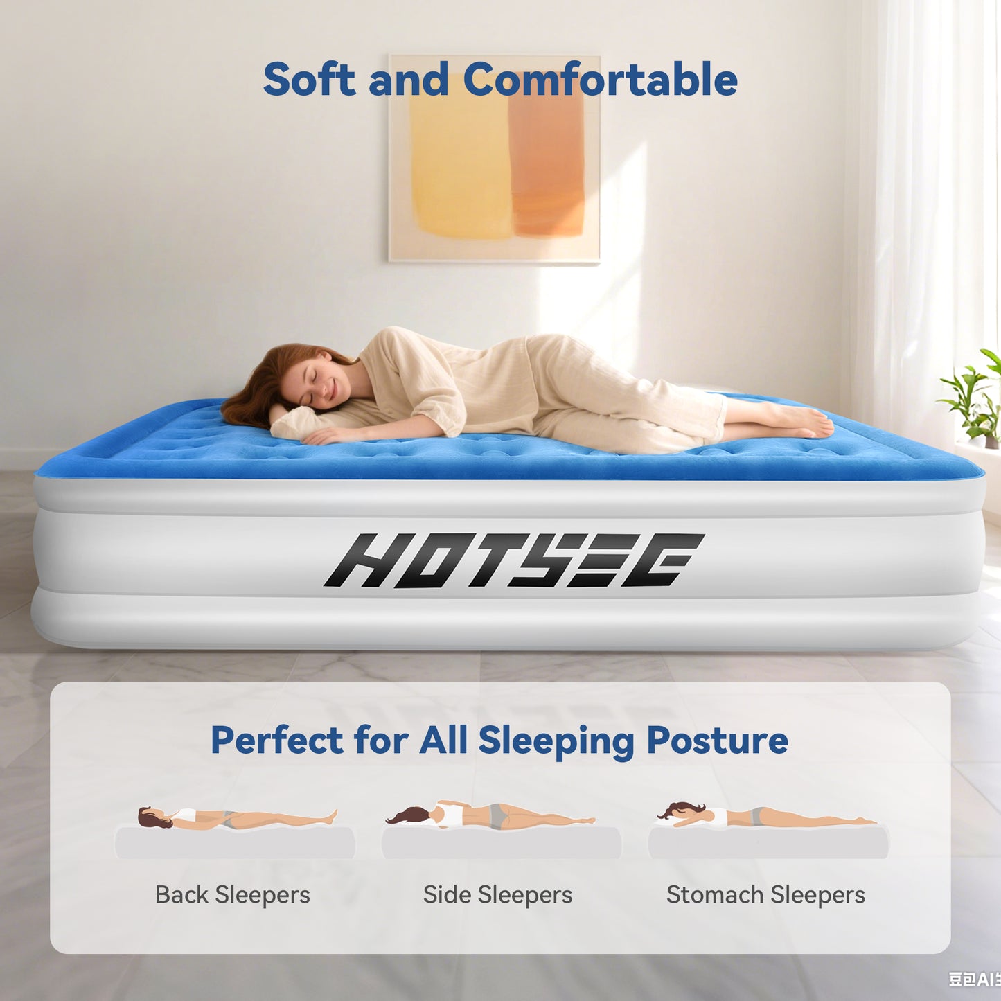 Hotsee Queen Air Mattress with Wireless Built-in Pump and Raised Pillow, Blue