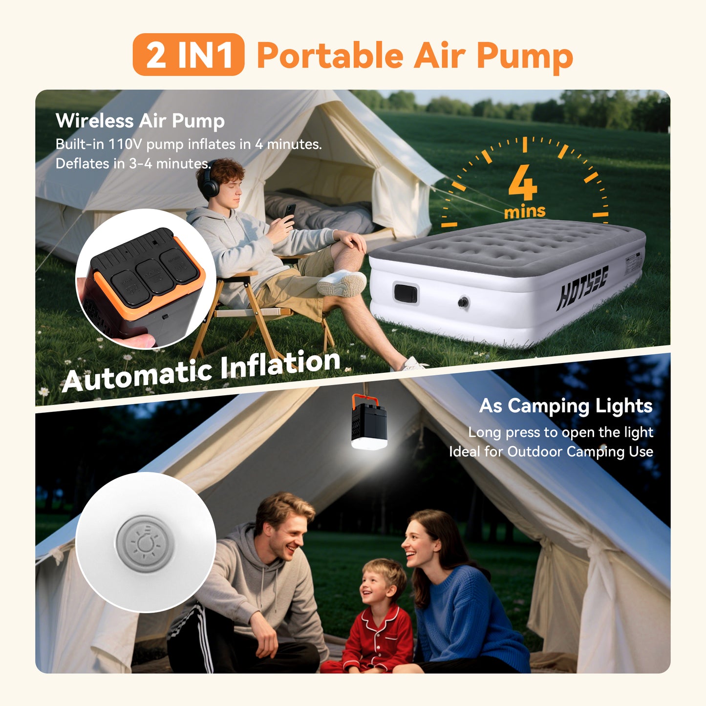 Hotsee Twin Size Air Mattress with Built-in Pump, 18" Raised Inflatable Bed with Pillow, Gray