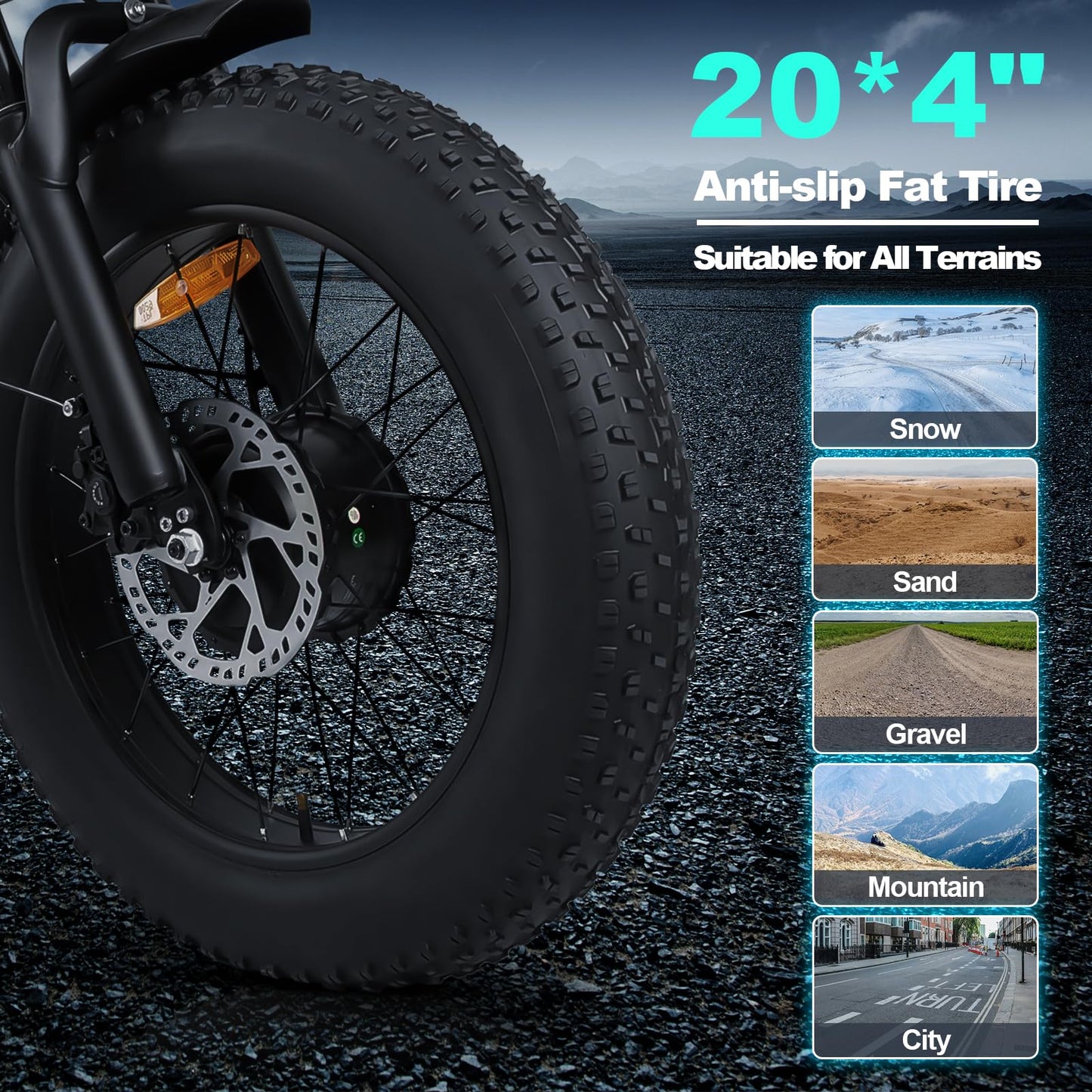 1250W Dual Brushless Motor E‑Bike for Adults — 40 MPH, 20"×4.0" Fat Tires, 52V 20.8Ah Battery (UL Certified)