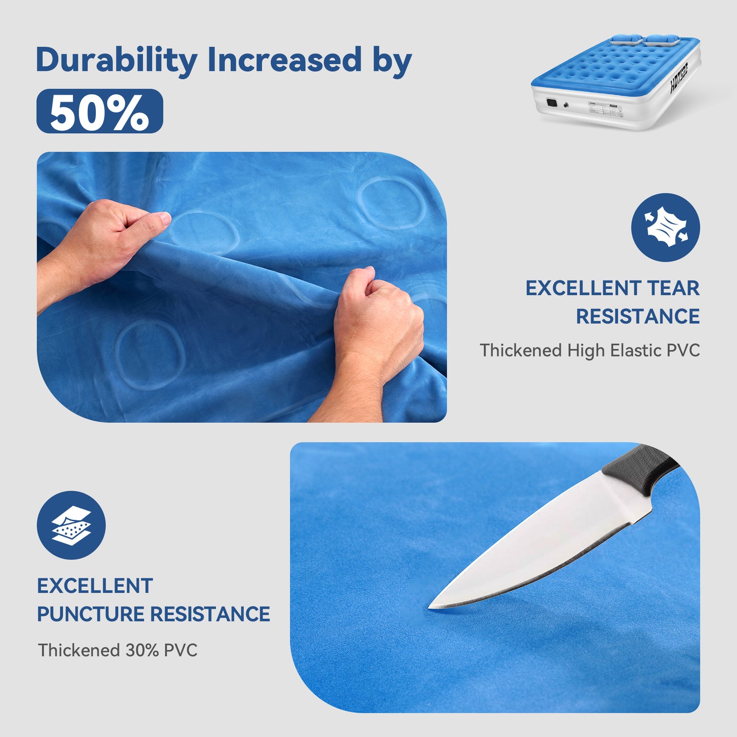 Hotsee Queen Air Mattress with Wireless Built-in Pump and Raised Pillow, Blue