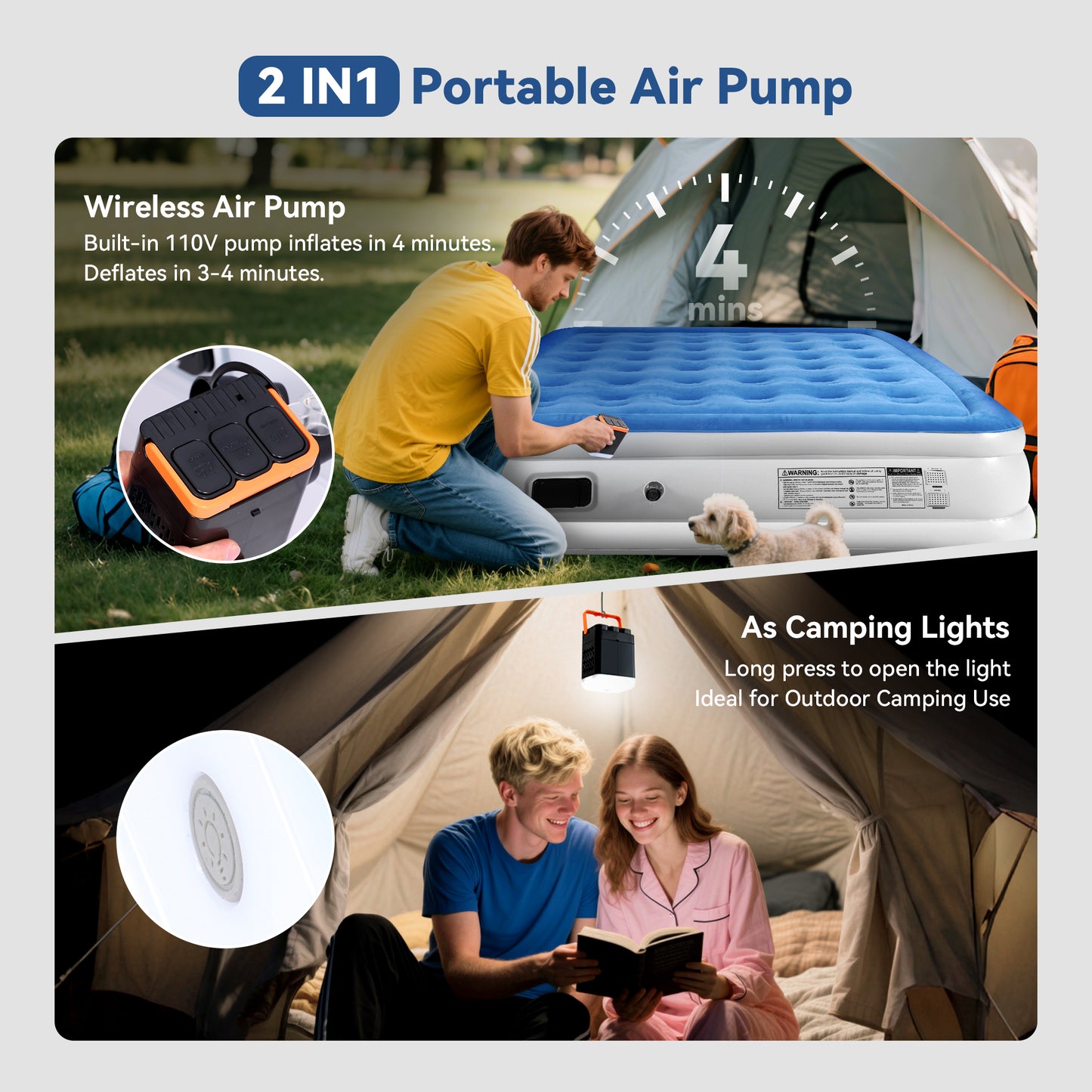 Hotsee Queen Air Mattress with Wireless Built-in Pump and Raised Pillow, Blue