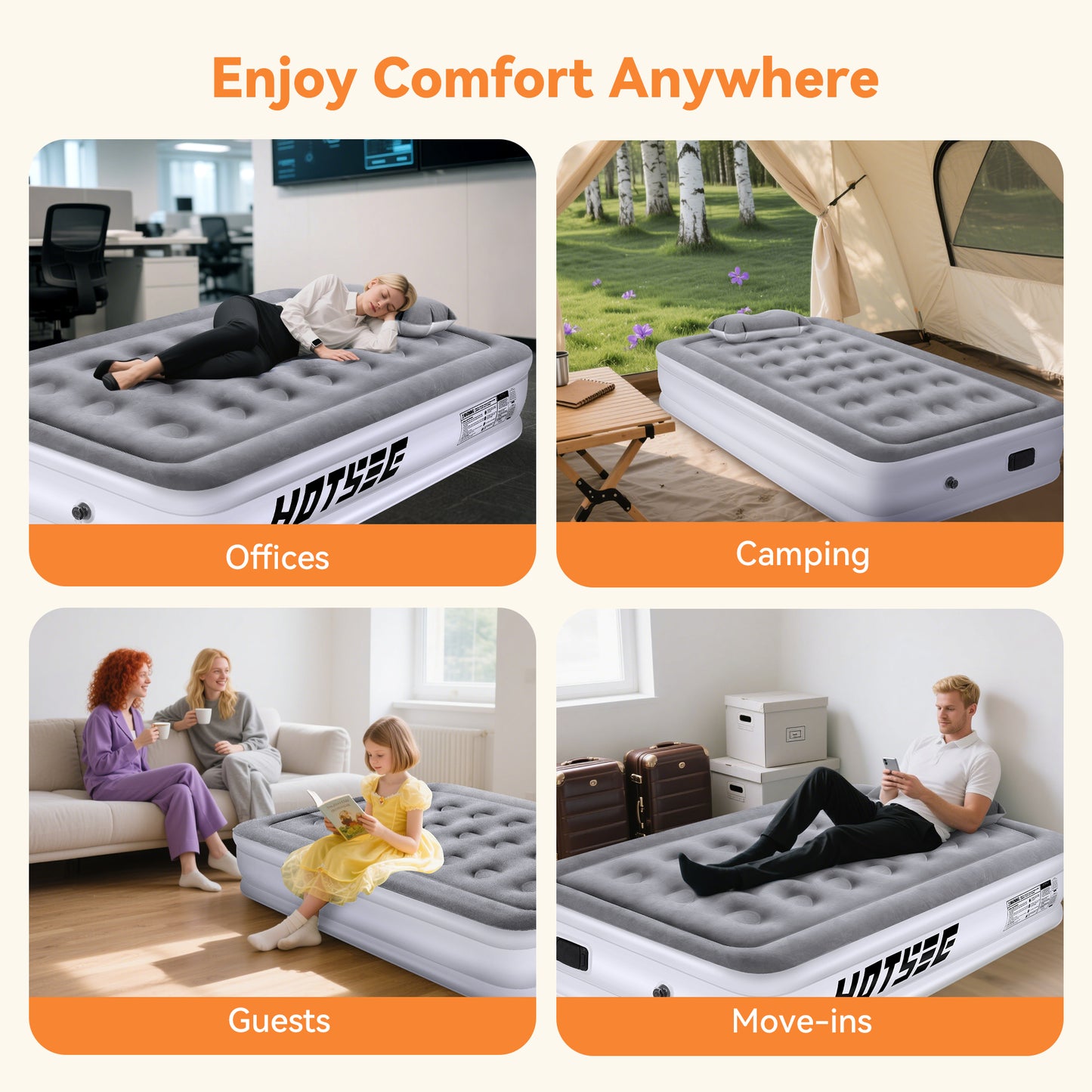 Hotsee Twin Size Air Mattress with Built-in Pump, 18" Raised Inflatable Bed with Pillow, Gray