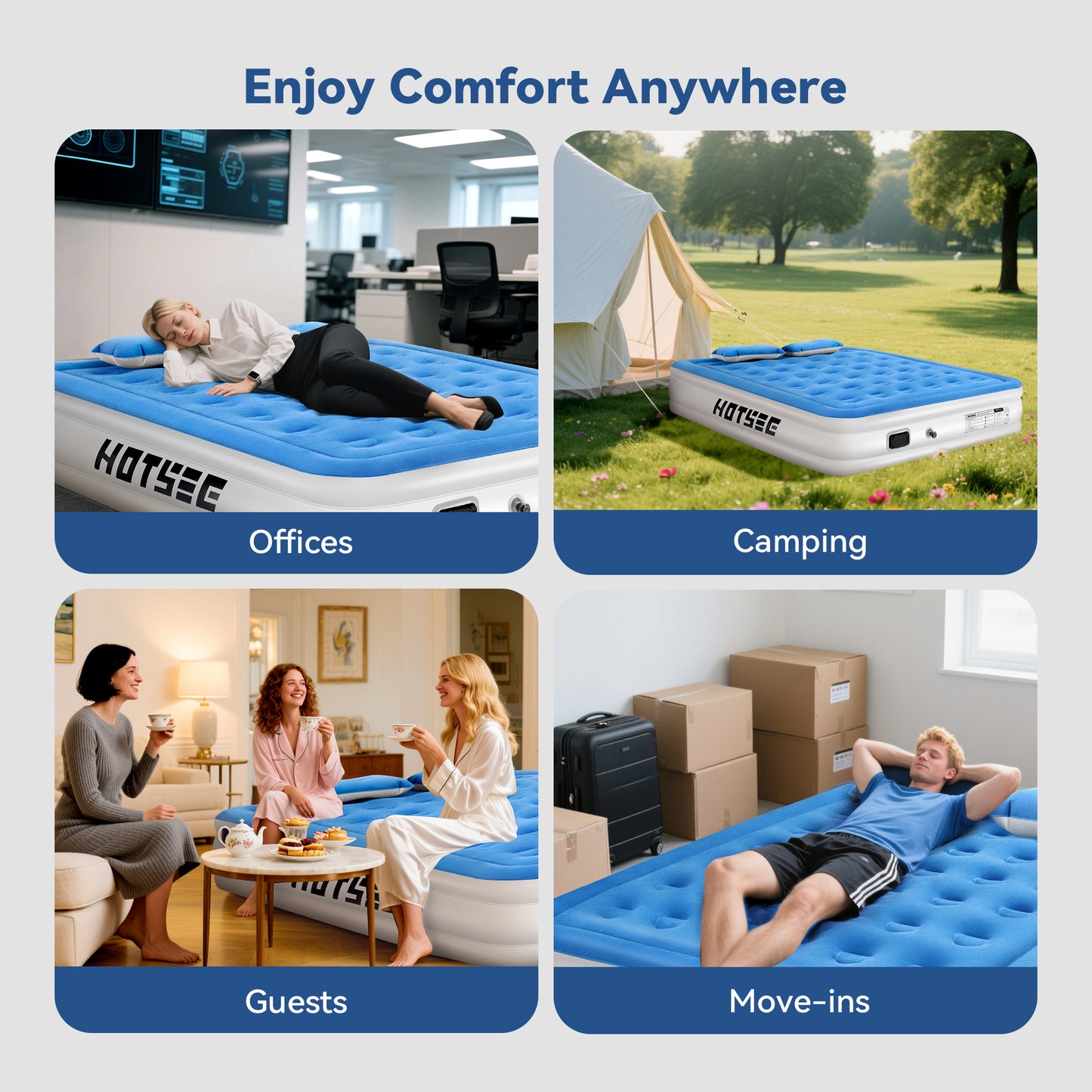 Hotsee Queen Air Mattress with Wireless Built-in Pump and Raised Pillow, Blue
