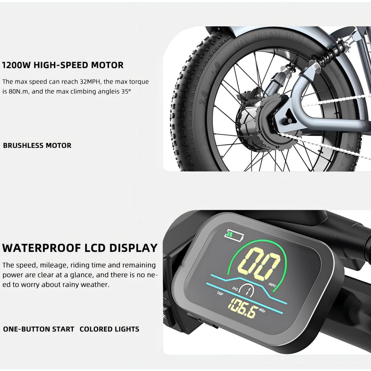 1200W Brushless Motor E‑Bike for Adults — 32 MPH, 20"×4.0" Fat Tires, Dual Suspension, 48V 20Ah Battery (UL Certified)