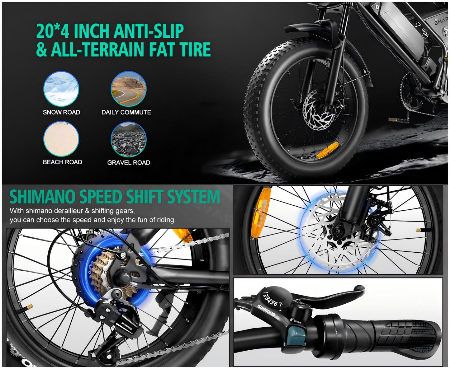 1000W Peak Dirt‑Bike E‑Bike for Teens & Adults — 28 MPH, 48V 18.2Ah Battery, 20"×4.0" Fat Tires