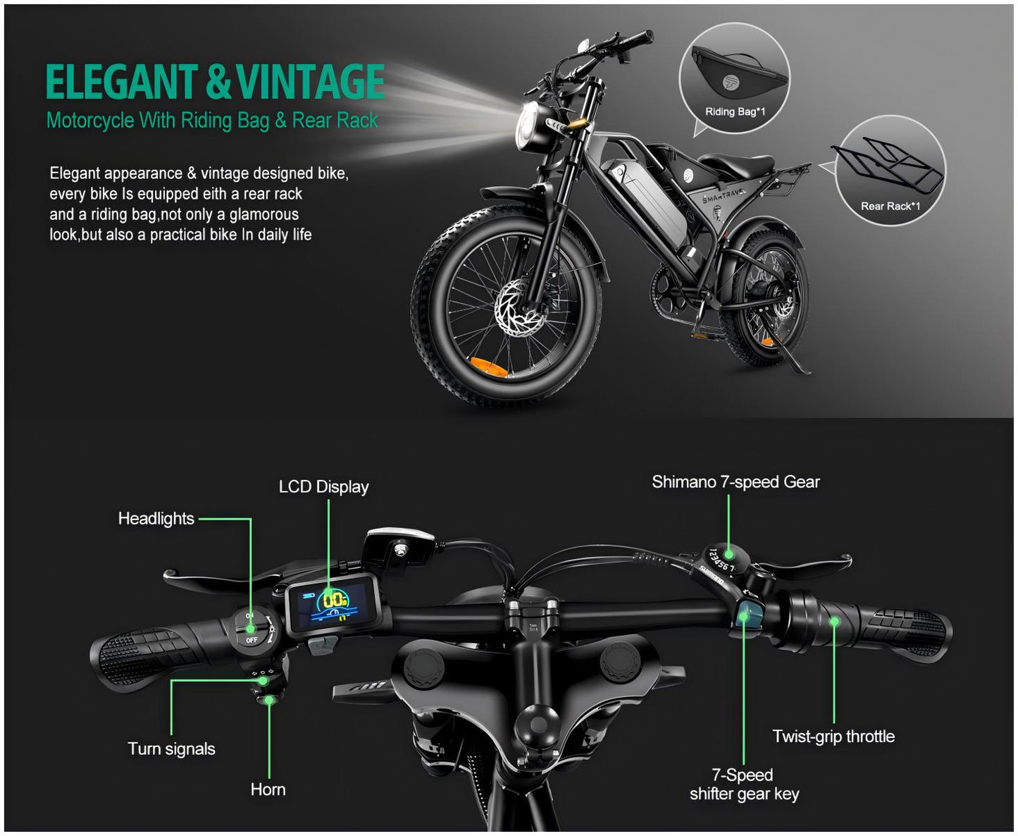 1000W Peak Dirt‑Bike E‑Bike for Teens & Adults — 28 MPH, 48V 18.2Ah Battery, 20"×4.0" Fat Tires